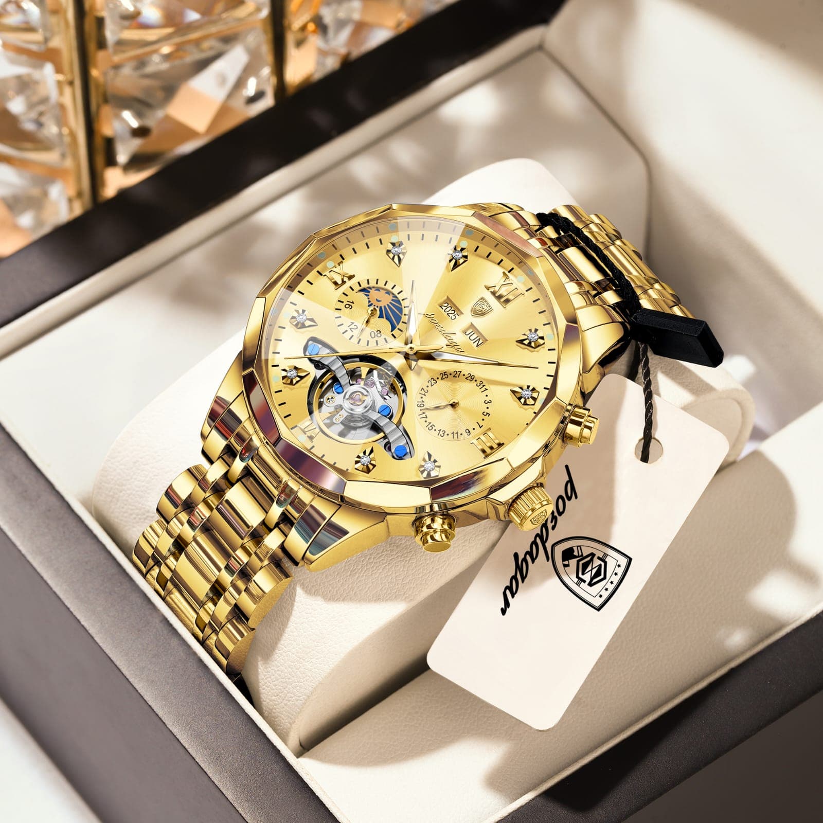 POEDAGAR 1422 Automatic Tourbillon Chronograph Stainless Steel Mens Watch