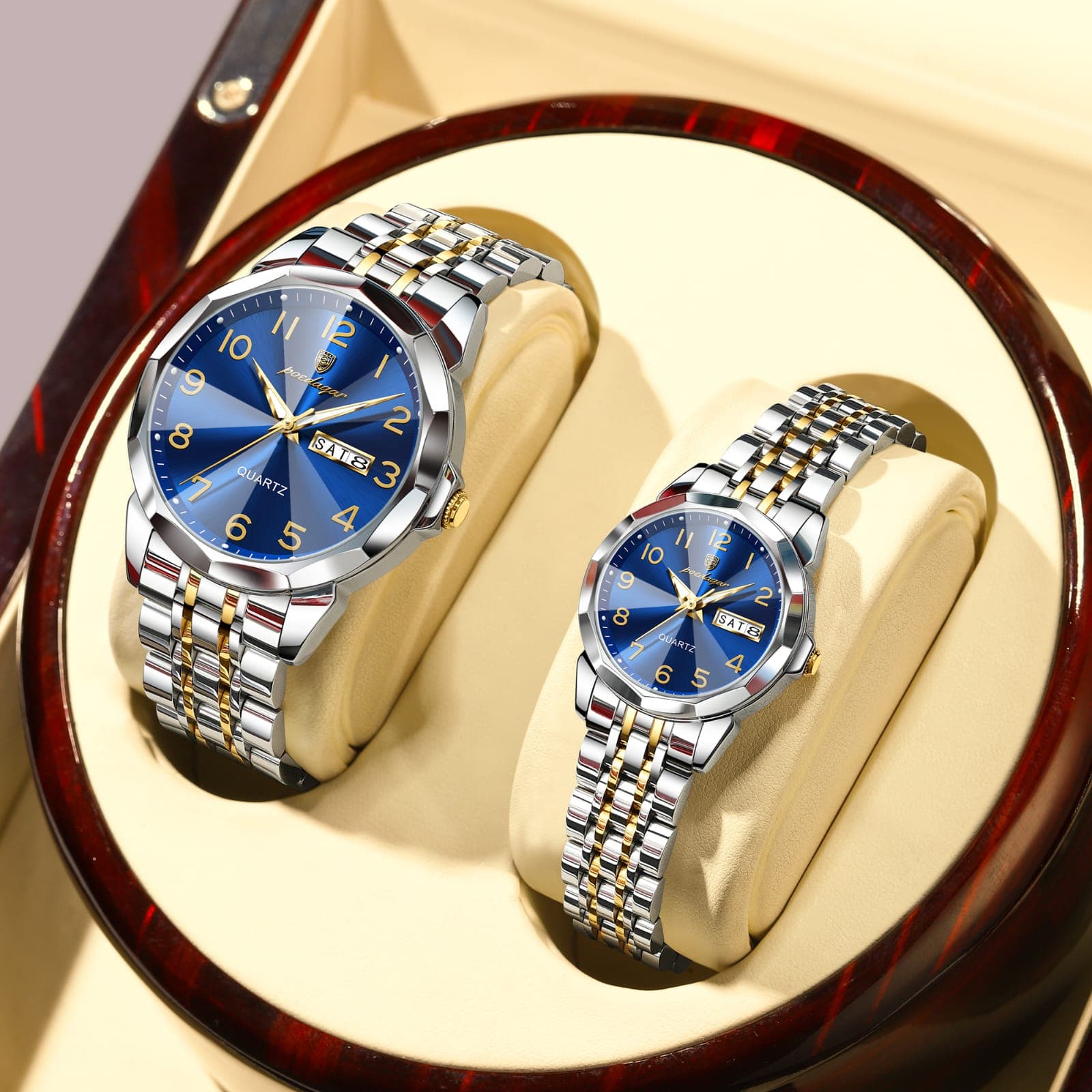 POEDAGAR Couple Set Day Date Display Water Resistant Stainless Steel Unisex Watch