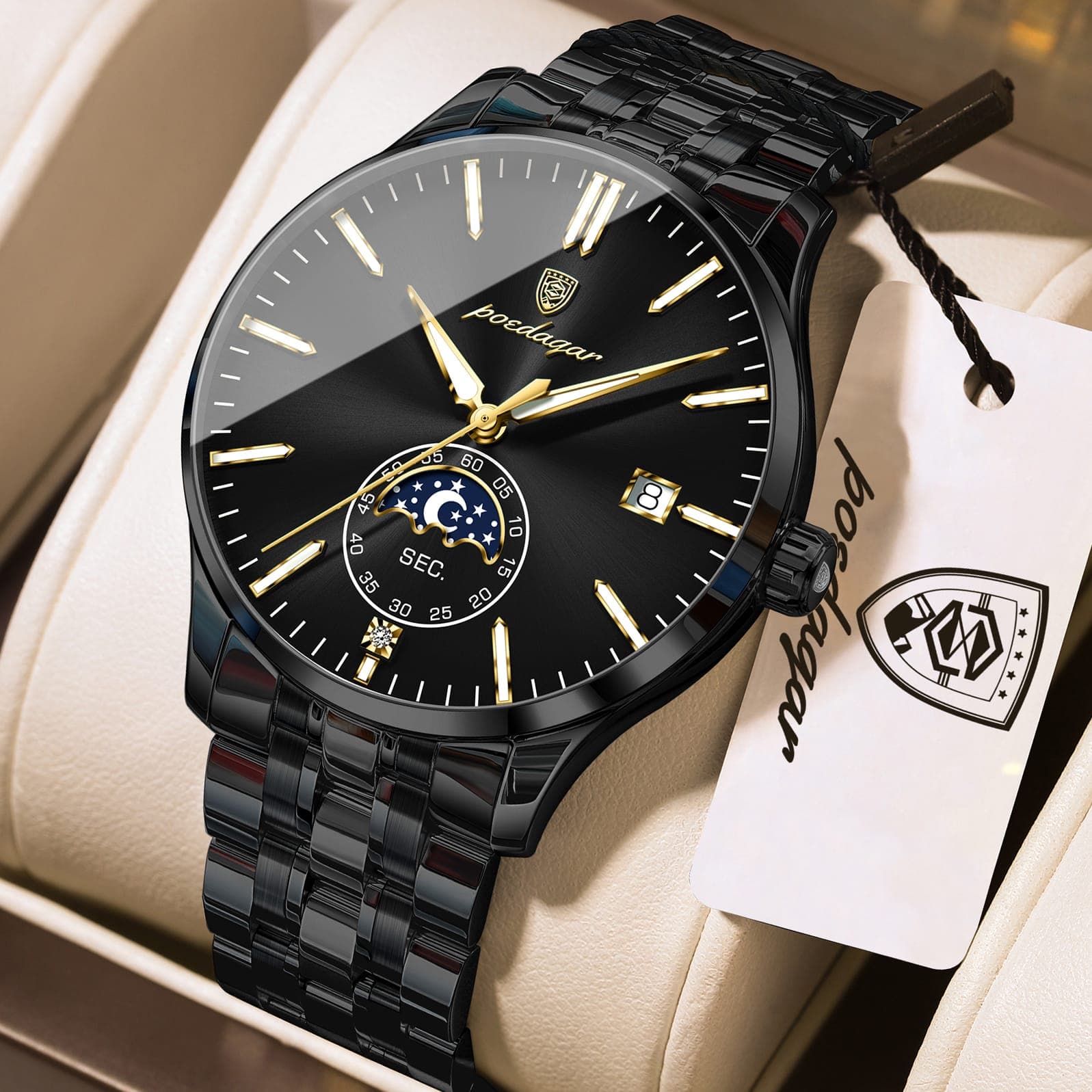 POEDAGAR 854 Moon Phase Battery Powered Water Resistant Mens Watch