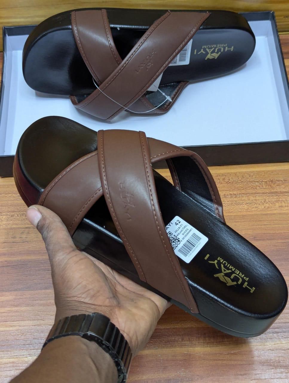 Huayi Genuine Leather Rubber Sole Men's Sandals Size 40 - 45 C. Brown